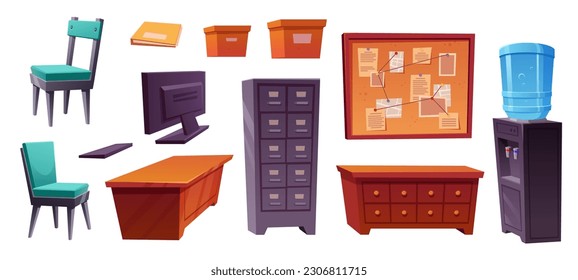 Police station room or detective office interior set. Police department office furniture, computer, desk, file cabinet, chairs, detective board and water cooler, vector cartoon illustration