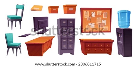 Police station room or detective office interior set. Police department office furniture, computer, desk, file cabinet, chairs, detective board and water cooler, vector cartoon illustration