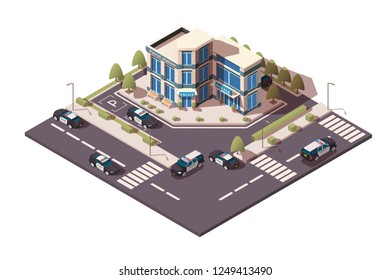 Police station with sedan and car, parking in working day. Concept justice, public peace, social order, law enforcement building. Low poly. Isometric 3d vector illustration.