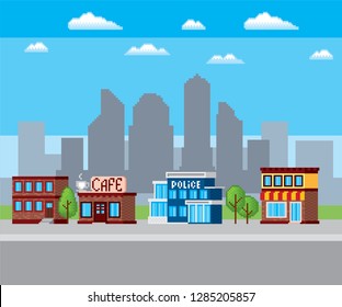 Police station. Town street. Pixel art. Old school computer graphic. Element design stickers, logo, mobile app, menu. 8 bit video game. Game assets 8-bit sprite. 16-bit.