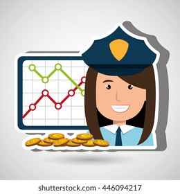 police with statistics graphic  and coins isolated icon design, vector illustration  graphic 