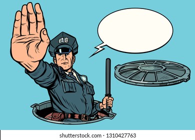 Police stop gesture, dangerous manhole. Road works. Pop art retro vector illustration drawing kitsch vintage