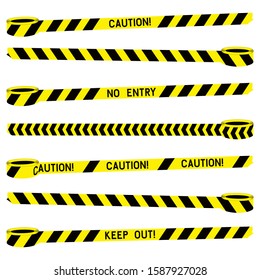 Police stripe border vector set. Police tape yellow black for concept design. Stripe tape danger police line. Isolated. Risk sign. Warning, caution, attention, restriction. Attention sign symbol.