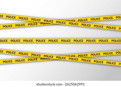 A polícia listrou fitas para locais de crime. Bordas de barreira sem emenda. Fitas amarelas de segurança. Definir linhas de fitas de aviso para restrição de zonas de acidentes criminais em fundo branco. Ilustração vetorial.