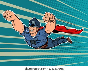 police superhero. The policeman COP is flying. Pop art retro vector illustration 50s 60s kitsch vintage style