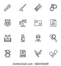 Police Supplies Line Icons Set, Outline Vector Symbol Collection, Linear Style Pictogram Pack. Signs, Logo Illustration. Set Includes Icons As Electric Stun Gun, Officer Badge, Policeman, Handcuffs