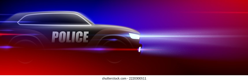 Police SUV car riding on a high speed on a dark background with colorful flashes. Cop pursuit vector illustration.