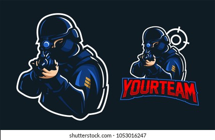 Police Swat Aiming With Rifle Sport Gaming Mascot Logo Template