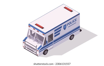 Police SWAT truck side 3d isometric view. Utility security van vehicle. Municipal armored transport. Heavy special automobile. Lorry cargo truck for transportation police staff. Vector illustration