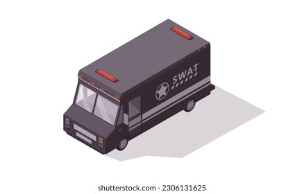 Police SWAT truck side 3d isometric view. Utility security van vehicle. Municipal armored transport. Heavy special automobile. Lorry cargo truck for transportation police staff. Vector illustration