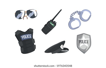 Police Symbols and Attributes with Handcuffs and Shiny Button Vector Set