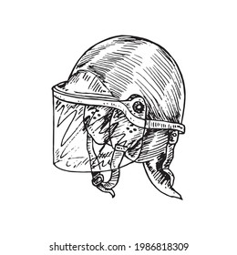 Police tactical anti riot helmet,  gravure style ink drawing illustration isolated on white background