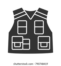 Police tactical vest glyph icon. Bulletproof waistcoat. Fisherman, photographer clothes. Silhouette symbol. Negative space. Vector isolated illustration