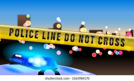 Police tape. Police car flashing light on evening bokeh city background. Realistic vector illustration.