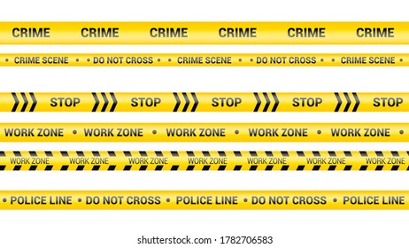 Police tape, crime danger line. Caution police lines isolated. Warning work zone tapes. Set of yellow warning ribbons. Vector illustration on white background