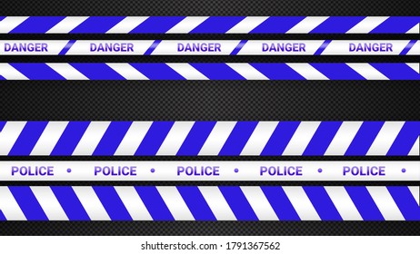 Police tape, crime danger line. Caution police lines isolated. Warning tapes. Set of blue warning ribbons. Vector illustration on dark transparent background