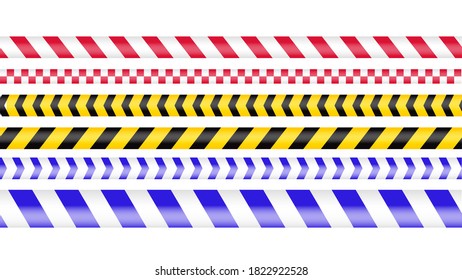 Police tape, crime danger line. Caution police lines isolated. Warning barricade tapes. Set of warning ribbons. Vector illustration on white background