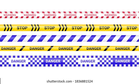Police tape, crime danger line. Caution police lines isolated. Warning barricade tapes. Set of warning ribbons. Vector illustration on white background