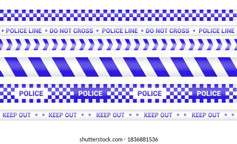 Police tape, crime danger line. Barricade police lines isolated. Warning and barricade tapes. Set of blue warning ribbons. Vector illustration