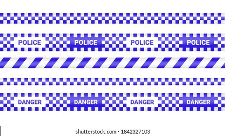 Police tape, crime danger line. Barricade police lines isolated. Warning and barricade tapes. Set of blue warning ribbons. Vector illustration