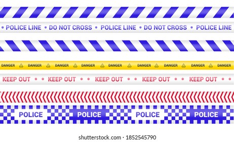 Police tape, crime danger line. Caution police lines isolated. Warning barricade tapes. Set of warning ribbons. Vector illustration on white background