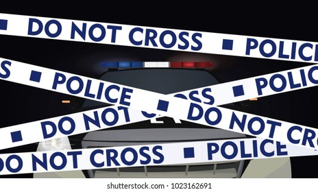 Police tape in front of police car. vector illustration