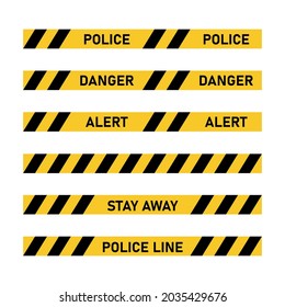 Police tape set. Yellow and black ribbon Danger, Warning, Caution, Alert, Attention. Vector illustration