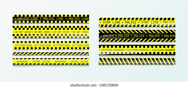 Police tape warning danger set isolated. Barricade tape, Do not cross, police crime scene line yellow official crime scene barrier tape. Vector realistic style with shadow and reflection