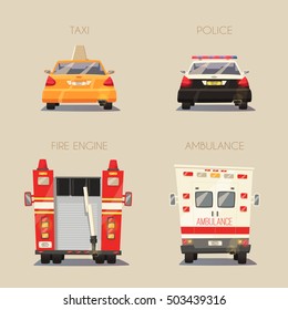 Policía, taxi, automóvil de ambulancia y camión de bomberos. Dibujo de dibujos animados. Fondo aislado. Servicio. Vista posterior. Automático moderno. Cabina amarilla. Seguridad y justicia. Tema de salud: Salvar la vida