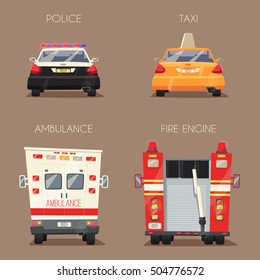 Police, Taxi, Ambulance car and Fire truck. Vector cartoon illustration. Isolated background. Service. Back view. Modern auto. Yellow cab. Security and justice. Healthcare theme Save life
