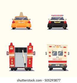 Police, Taxi, Ambulance car and Fire truck. Vector cartoon illustration. Isolated background. Service. Back view. Modern auto. Yellow cab. Security and justice. Healthcare theme Save life