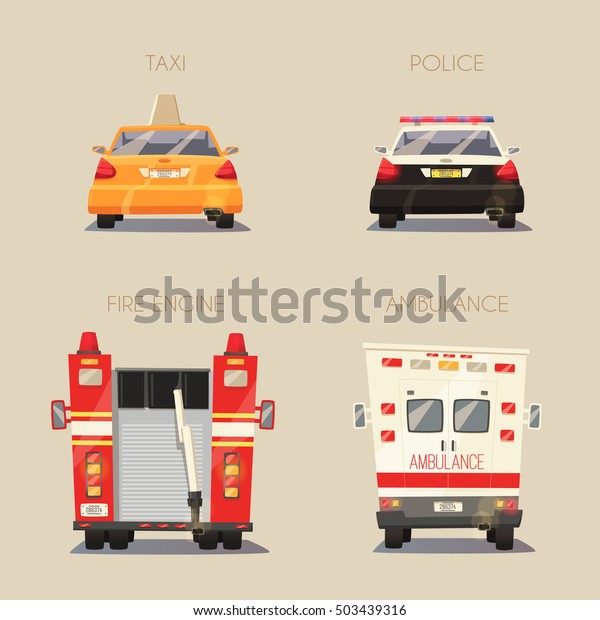 Police,\
Taxi, Ambulance car and Fire truck. Vector cartoon illustration.\
Isolated background. Service. Back view. Modern auto. Yellow cab.\
Security and justice. Healthcare theme Save\
life