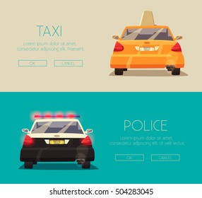 Police and Taxi car. Vector cartoon illustration. Isolated background. American transport. Service. Back view. Modern auto. Yellow cab. Security and justice