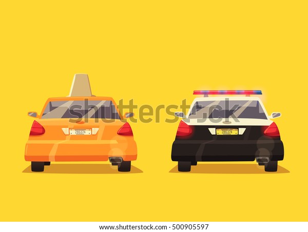 Police and Taxi car. Vector cartoon\
illustration. Isolated background. American transport. Service.\
Back view. Modern auto. Yellow cab. Security and\
justice