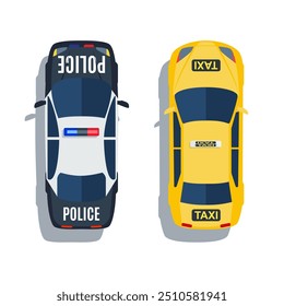 Conjunto de Vectores de vista superior de coches de policía y taxi. ilustración de icono de coche automático. Ilustración vectorial en diseño plano