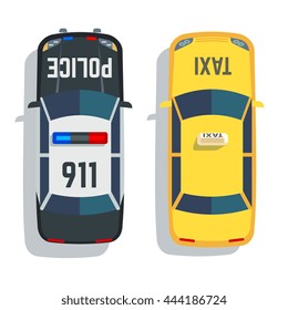 Police and taxi cars top view vector set. Car for taxi and police, illustration transport taxi and auto police view top