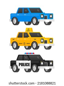 Police, taxi and ordinary car isolated on white background. Vector illustration.