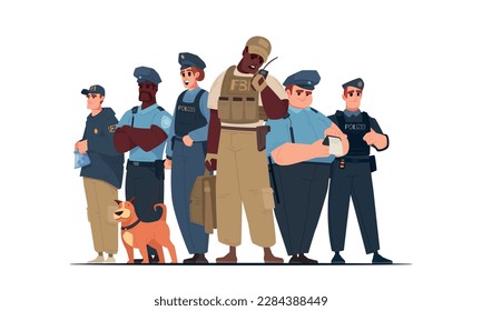 Police team cartoon concept with male and female officers and guard dog vector illustration