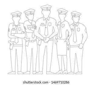 Police team. A group of policemen. Women and men in uniform. Law enforcement officers. Outline contour line vector illustration.