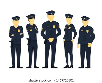 Police team. A group of policemen. Women and men in uniform. Law and order. Law enforcement officers. Flat vector.