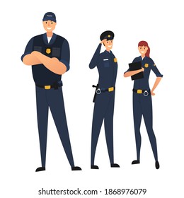 Police Team Isolated On White Background. Police In Uniform. Young Law Enforcement Officers. Protection Of Citizens. Vector Illustration
