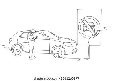 Police ticket cars entering car free zone. Car free zones concept one-line drawing