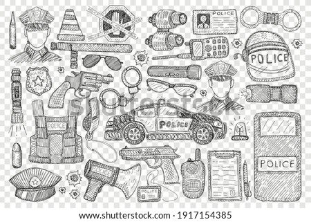 Police tools and uniform doodle set