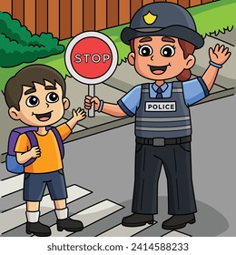 Police Traffic Officer helping Kid Colored Cartoon