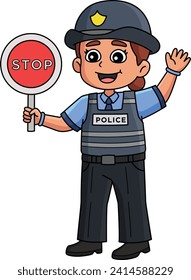 Police Traffic Officer Holding Stop Sign Cartoon Colored