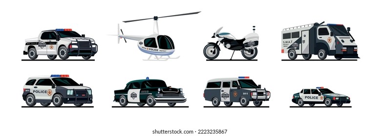Police transport flat set of isolated images with special vehicles vans cars motorcycle and police helicopter vector illustration