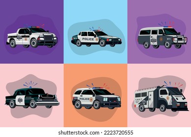 Police transport flat set with six square compositions and doodle style images of special service vehicles vector illustration