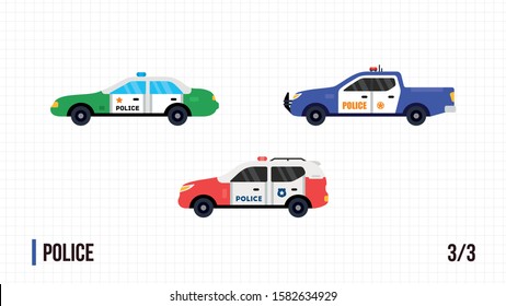 Police transport: flat vector illustration set