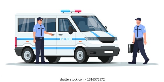 Police truck with guards semi flat RGB color vector illustration. Armored vehicle for enforcement. Van for emergency patrol. Police man isolated cartoon character on white background