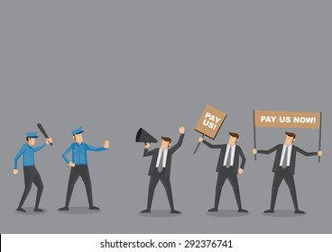 Police trying to control angry employees on protest to demand for wages. Cartoon vector illustration concept for social issues isolated on grey background. 